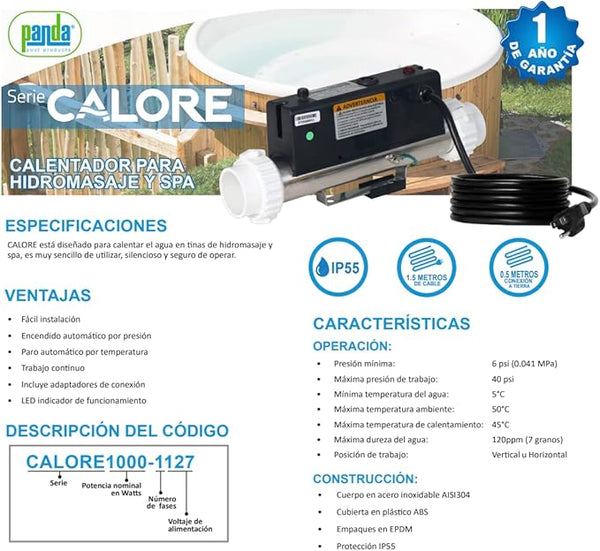 Calentador para hidromasaje y spa calores 1.3 HP, 1 X 127V, Cap. Tina 200 l / 52.8 gal
