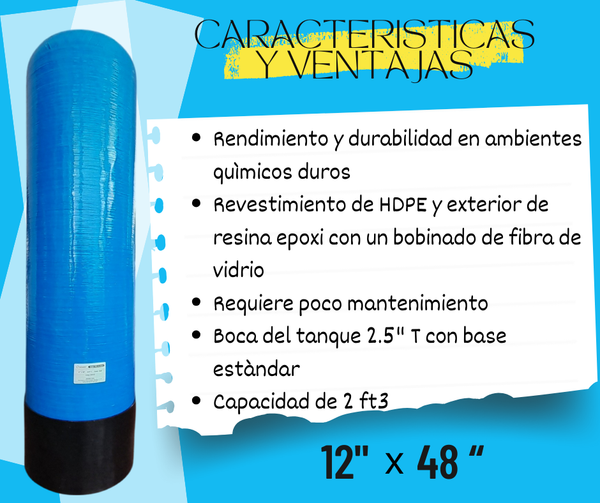 Tanque Fibra De Vidrio 12x48 pulg Capacidad 1 Ft3 Conex 2.5