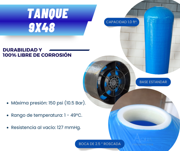 Tanque Fibra De Vidrio 9x48 pulg Capacidad 1 Ft3 Conex 2.5
